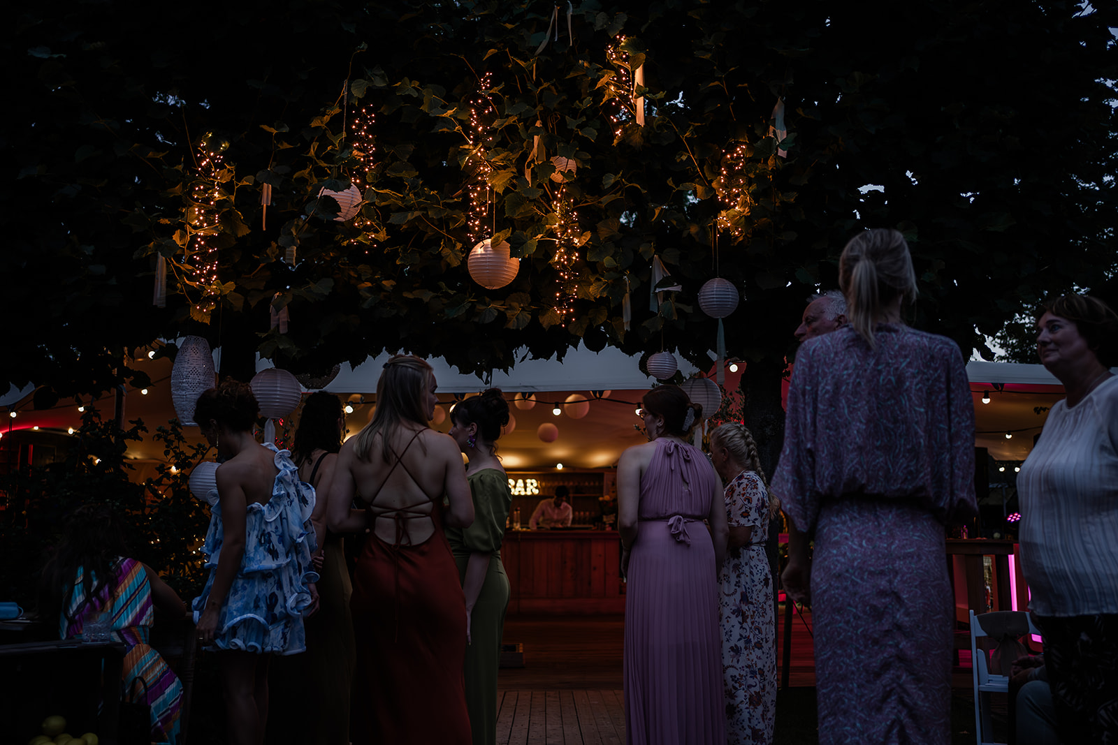 Detail overzichtsfoto van de feestlocatie, versiert met lampjes