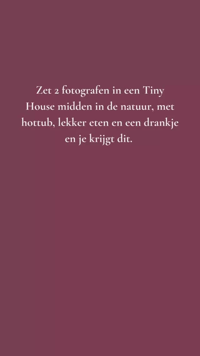 Waar wij naar op zoek waren en een belangrijke tip! 

Even er tussenuit, werken op een andere plek dan thuis. Inspiratie opdoen, samen sparren, kletsen, uitdagen en kritische vragen stellen. 2 vriendinnen, 2 fotografen, borrelhapjes, hottub, wijn, koekjes en chips. Creativiteit op laten borrelen, licht zien, ‘hijgjes’ op de lenzen, spelen met prima’s en gewoon DOEN!

Dat waren de ingrediënten voor de workation. 

En mennnnn that did work! 🔥❤️

❗️1 tip… Nooit doen: Net voordat je allebei naar bed gaat praten over inbrekers. 

Een half uur later stond er iemand in de deuropening: ‘mamaaaa mag ik bij jou liggen?’ Tuurlijk lieverd. That’s what friends are for!